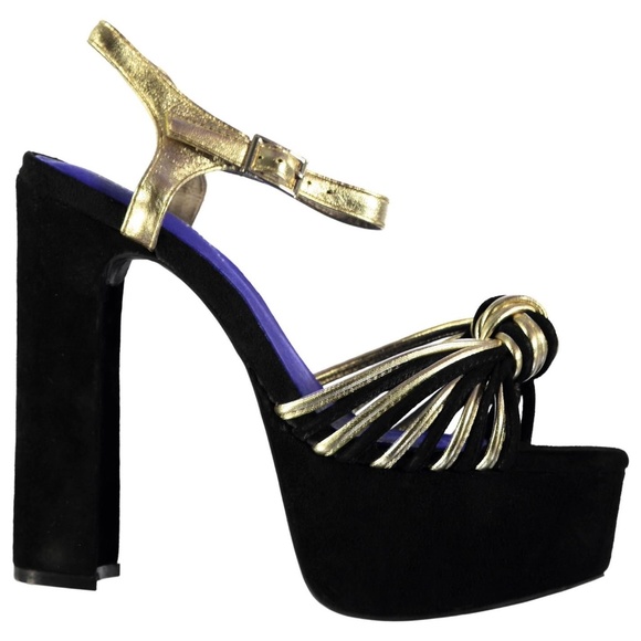 Jeffrey Campbell Platform Harmony Sandal in Black Suede & Gold Leather Size 7.5 - Picture 1 of 8